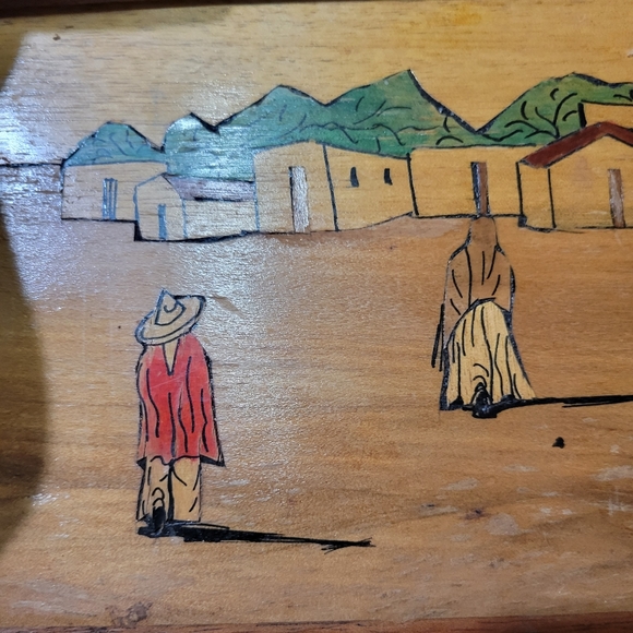 Vintage Mexican village scene carved/painted wood tray